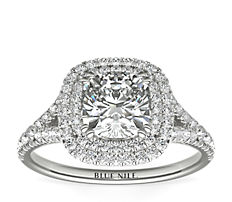 Cushion Duet Halo Diamond Engagement Ring in 18k White Gold (1/2 ct. tw.)